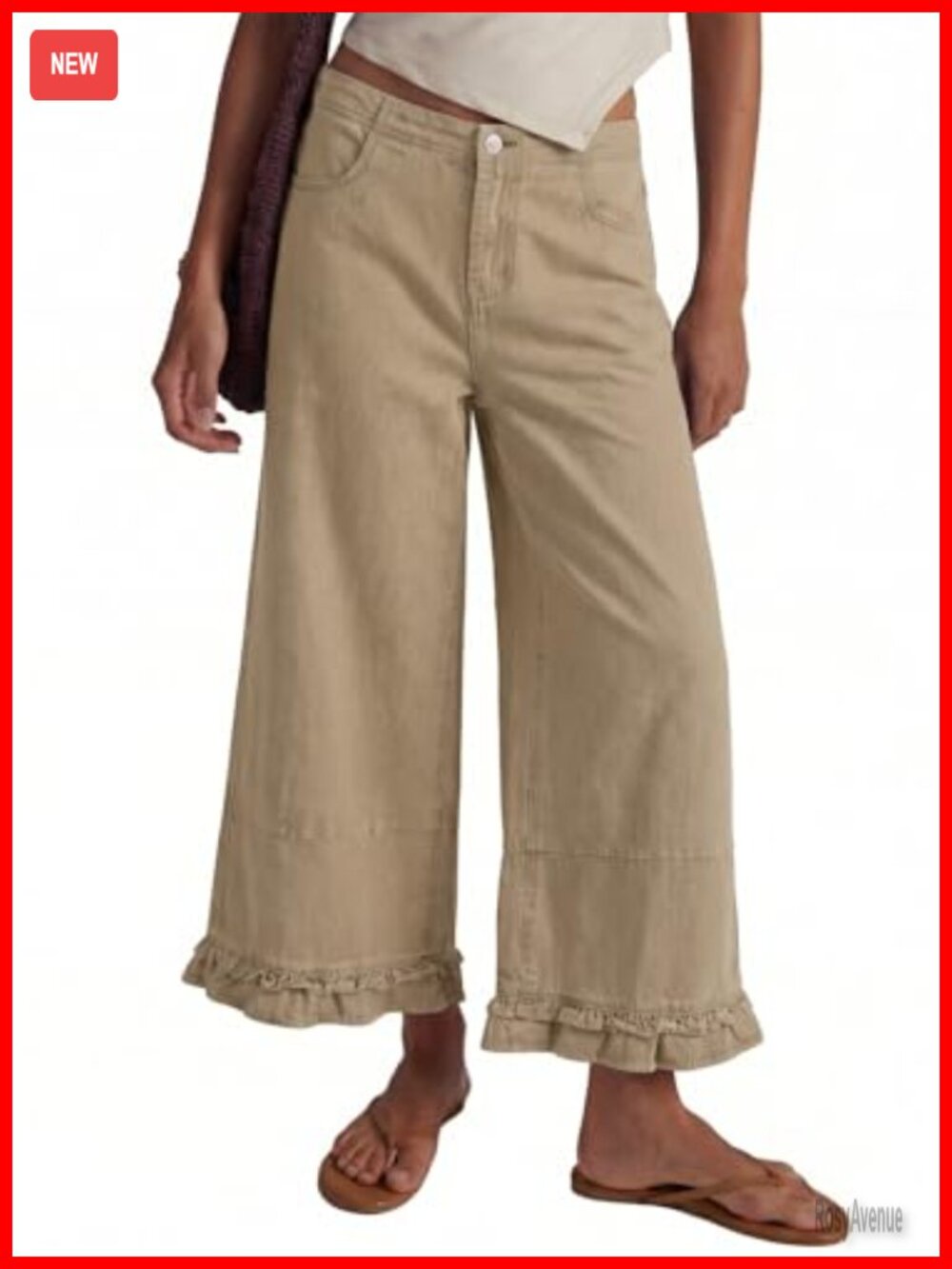 Womens Wide Leg 100% Cotton Denim Jeans Ruffle Hem Cropped Pants